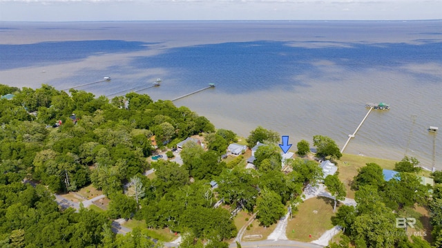 drone / aerial view featuring a water view