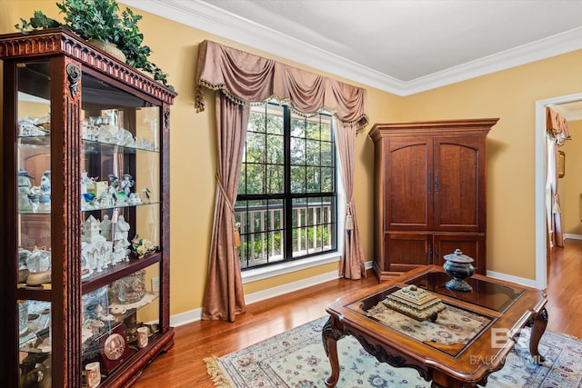 living area featuring ornamental molding and light wood-type flooring