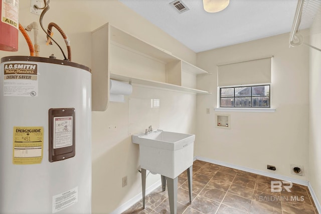 clothes washing area featuring water heater, electric dryer hookup, and washer hookup