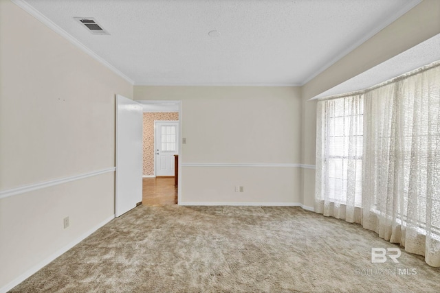 carpeted spare room featuring crown molding and a textured ceiling