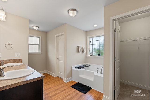 18971 Tralee Ct, Foley, AL 36535 - bathroom with wood finished floors, a garden tub, baseboards, double vanity, and a spacious closet