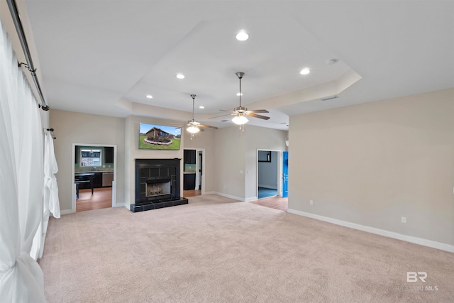 18971 Tralee Ct, Foley, AL 36535 - unfurnished living room featuring light colored carpet, baseboards, recessed lighting, and ceiling fan