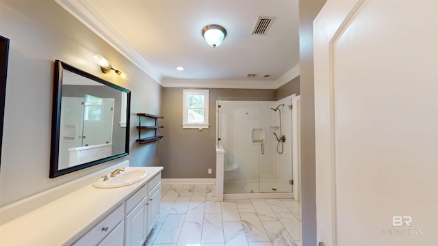 1651 Laurel St, Mobile, AL 36604 - full bathroom featuring crown molding, a shower stall, marble look tile flooring, vanity, and baseboards