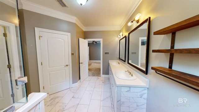 1651 Laurel St, Mobile, AL 36604 - bathroom featuring double vanity, marble look tiles, ornamental molding, baseboards, and ceiling fan