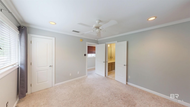 1651 Laurel St, Mobile, AL 36604 - unfurnished bedroom featuring light carpet, baseboards, ensuite bathroom, ornamental molding, and recessed lighting