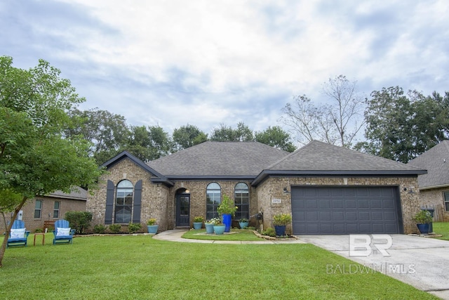 20752 Southwood St, Fairhope, AL 36532 - french country home with an attached garage, a shingled roof, a front lawn, and driveway