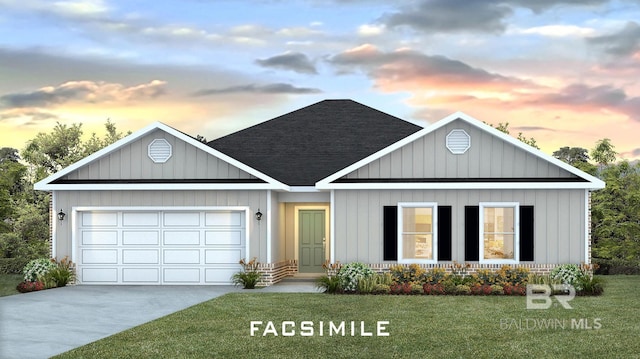 single story home featuring concrete driveway, roof with shingles, board and batten siding, a front yard, and a garage