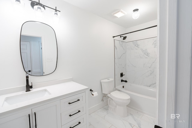 full bathroom with toilet, tiled shower / bath combo, and vanity