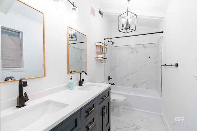 full bathroom featuring tiled shower / bath, a chandelier, vanity, crown molding, and toilet