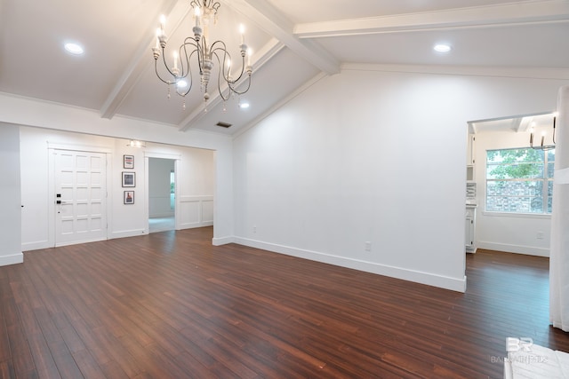 interior space with dark wood-type flooring, vaulted ceiling with beams, and a chandelier