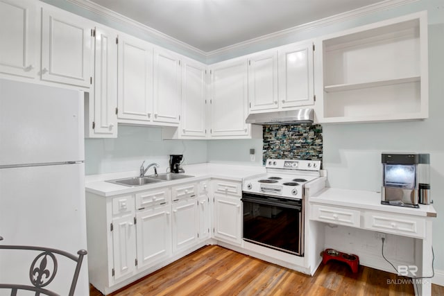 kitchen with white cabinetry, light wood-type flooring, ornamental molding, sink, and white appliances