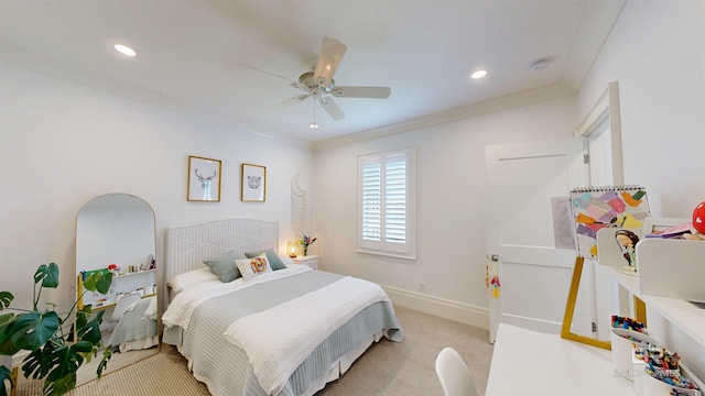 140 S Mcgregor Ave # E, Mobile, AL 36608 - carpeted bedroom with recessed lighting, a ceiling fan, ornamental molding, and baseboards
