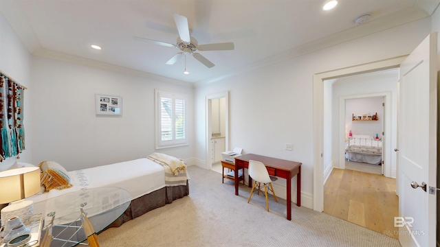140 S Mcgregor Ave # E, Mobile, AL 36608 - bedroom featuring crown molding, carpet flooring, recessed lighting, ceiling fan, and baseboards