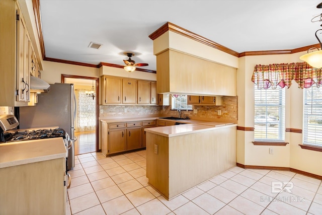 kitchen with kitchen peninsula, ceiling fan, sink, and light tile patterned floors