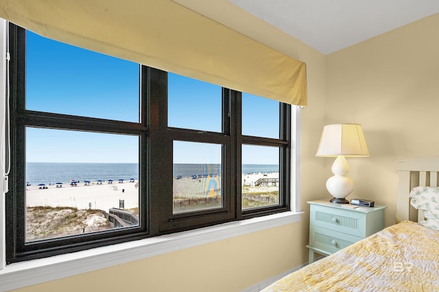 bedroom featuring a beach view and a water view