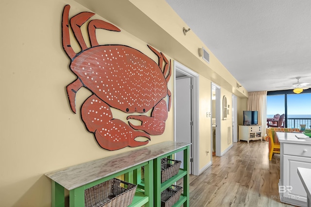 hall with a wall of windows, light hardwood / wood-style floors, and a textured ceiling