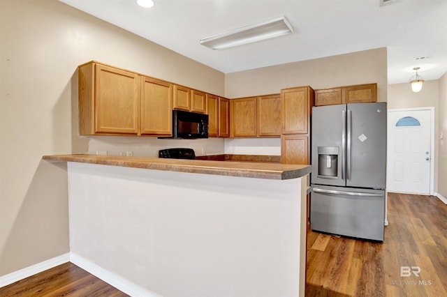2651 S Juniper St Unit 1201, Foley, AL 36535 - kitchen with stainless steel refrigerator with ice dispenser, black microwave, a peninsula, dark wood-style flooring, and baseboards