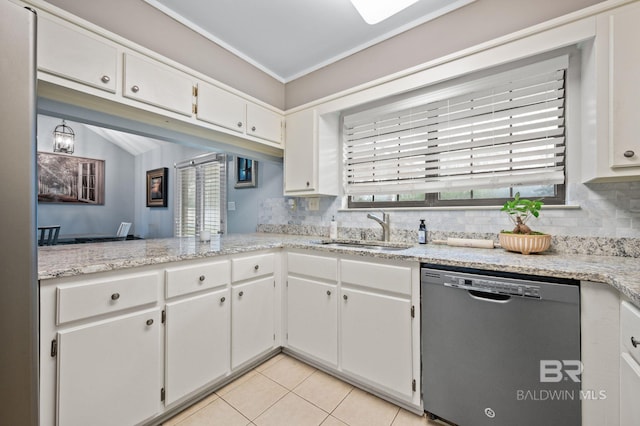 kitchen with dishwasher, backsplash, sink, and white cabinets