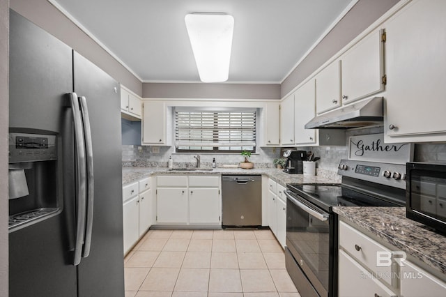 kitchen with crown molding, white cabinetry, stainless steel appliances, and sink