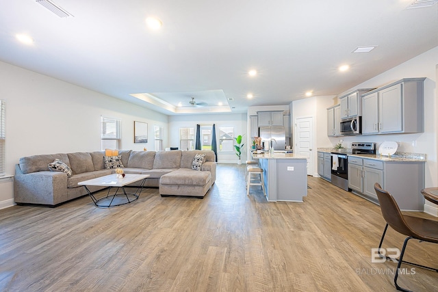 living room with light wood-type flooring, a raised ceiling, and sink