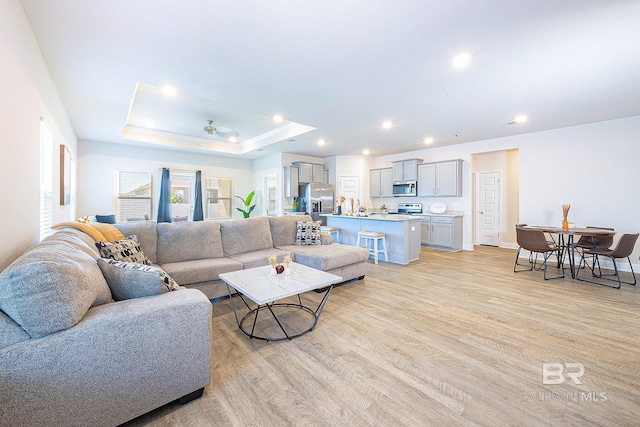 living room with light hardwood / wood-style floors and a tray ceiling