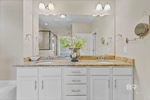 bathroom with double vanity, a shower stall, a washtub, and a sink