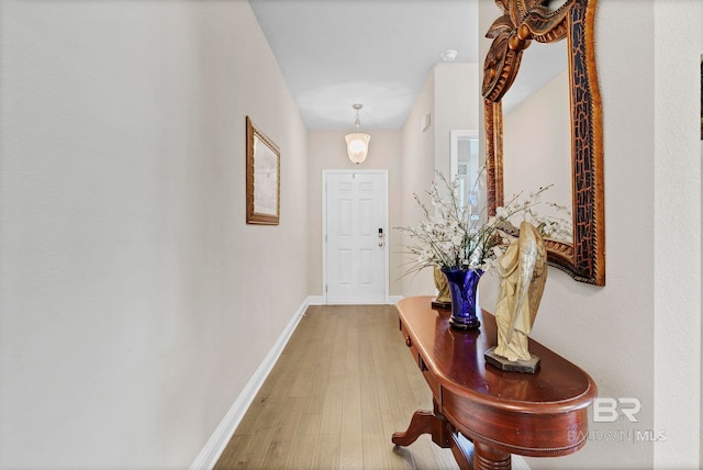 doorway to outside featuring baseboards and wood finished floors