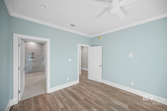 unfurnished bedroom with light hardwood / wood-style flooring, ornamental molding, and ceiling fan