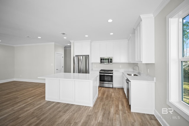 kitchen with sink, white cabinetry, light hardwood / wood-style flooring, a kitchen island, and stainless steel appliances