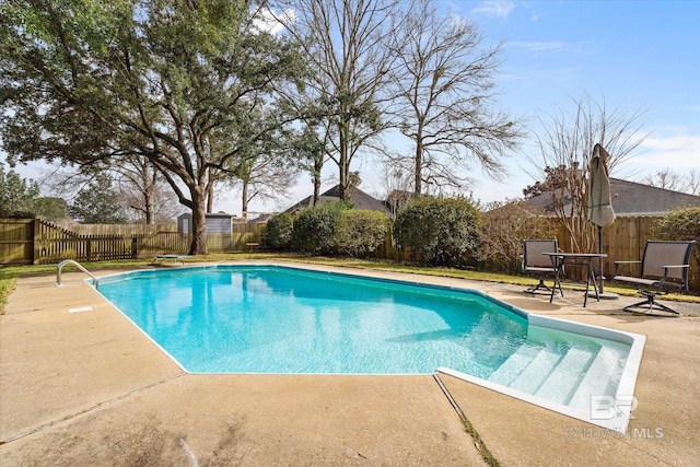 view of pool featuring a fenced backyard, a patio area, and a fenced in pool