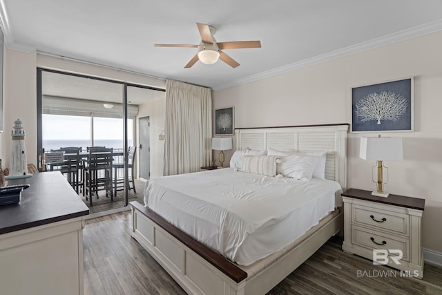 bedroom featuring a ceiling fan, ornamental molding, access to outside, and wood finished floors