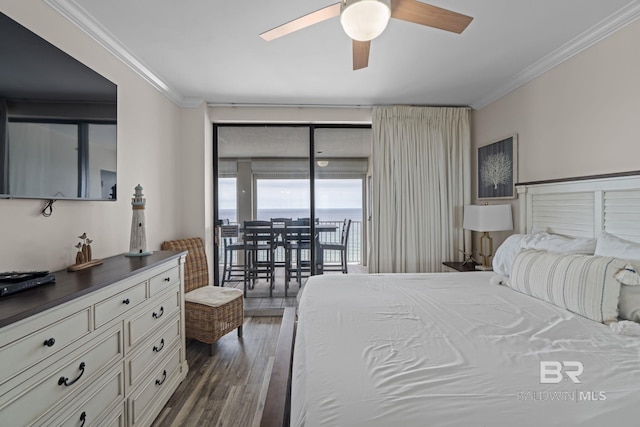 bedroom featuring ceiling fan, ornamental molding, access to outside, and dark wood-style floors