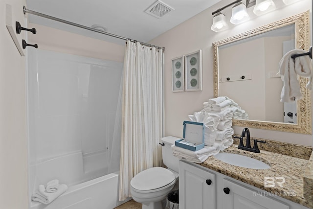 full bathroom featuring toilet, vanity, shower / tub combo with curtain, and visible vents