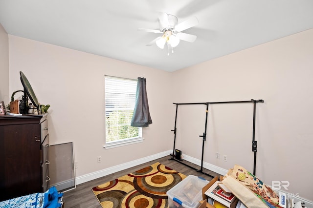 interior space with ceiling fan and dark hardwood / wood-style flooring