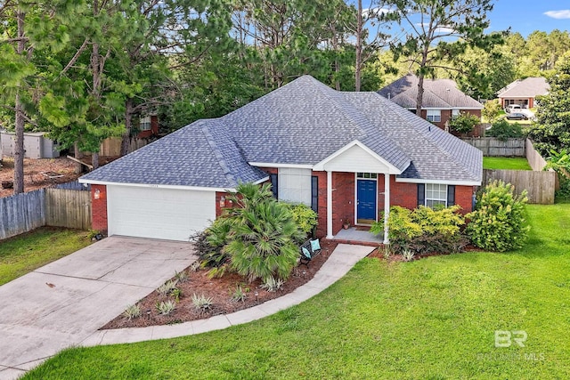 view of front of home with a front yard and a garage