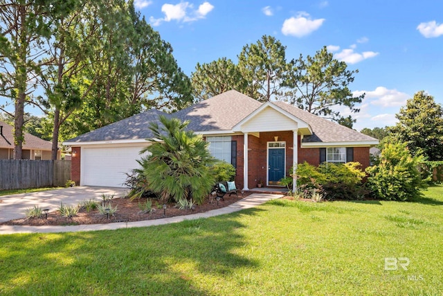 ranch-style house featuring a front yard and a garage