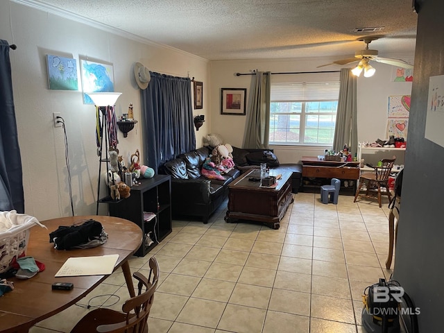 tiled living room featuring lofted ceiling, crown molding, a textured ceiling, and ceiling fan