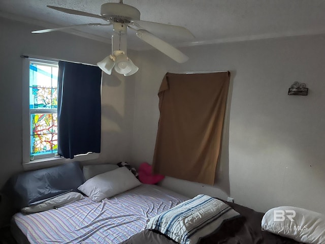 bedroom featuring ceiling fan, crown molding, and a textured ceiling