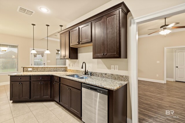 1077 Crown Walk Dr, Foley, AL 36535 - kitchen with stainless steel dishwasher, a sink, visible vents, dark brown cabinets, and ceiling fan