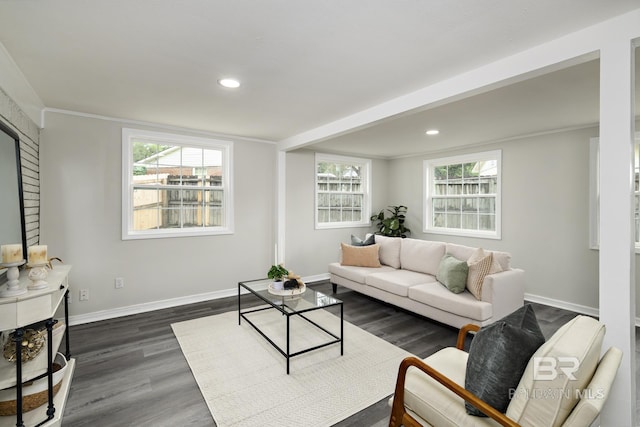 5922 Sunnyside Dr, Mobile, AL 36619 - living area with dark wood finished floors, recessed lighting, baseboards, healthy amount of natural light, and ornamental molding
