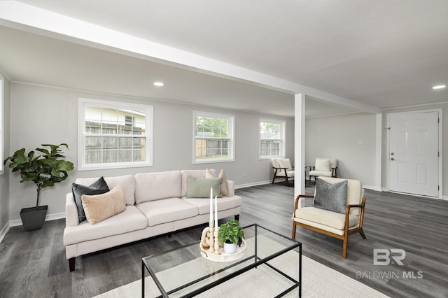 5922 Sunnyside Dr, Mobile, AL 36619 - living area featuring baseboards, dark wood-style flooring, and recessed lighting