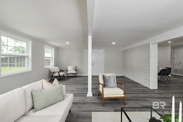 5922 Sunnyside Dr, Mobile, AL 36619 - living room with dark wood-type flooring, recessed lighting, baseboards, and crown molding