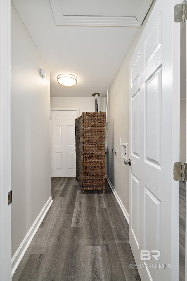 5922 Sunnyside Dr, Mobile, AL 36619 - corridor featuring dark wood-style floors, baseboards, and crown molding