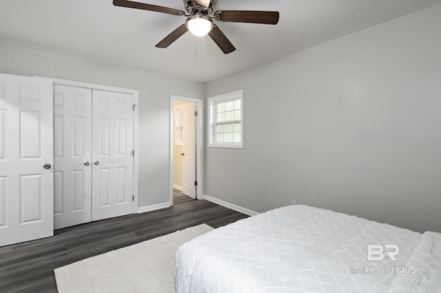 5922 Sunnyside Dr, Mobile, AL 36619 - bedroom featuring baseboards, wood finished floors, a closet, and ceiling fan