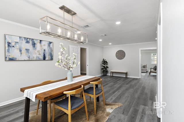 5922 Sunnyside Dr, Mobile, AL 36619 - dining room featuring ornamental molding, dark wood finished floors, baseboards, recessed lighting, and a chandelier