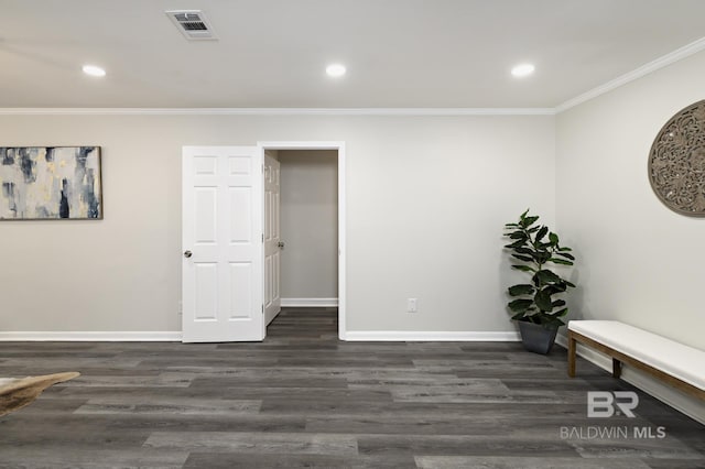5922 Sunnyside Dr, Mobile, AL 36619 - living area with ornamental molding, dark wood-style floors, baseboards, and recessed lighting