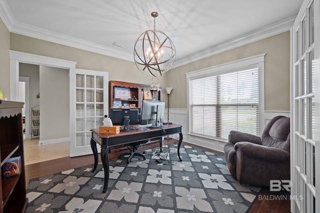 32035 Bobwhite Rd, Spanish Fort, AL 36527 - office with french doors, a chandelier, crown molding, wood finished floors, and a wainscoted wall