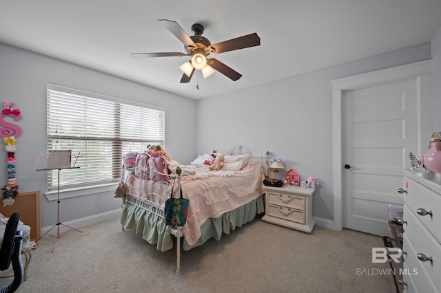 32035 Bobwhite Rd, Spanish Fort, AL 36527 - bedroom with baseboards, light colored carpet, and a ceiling fan