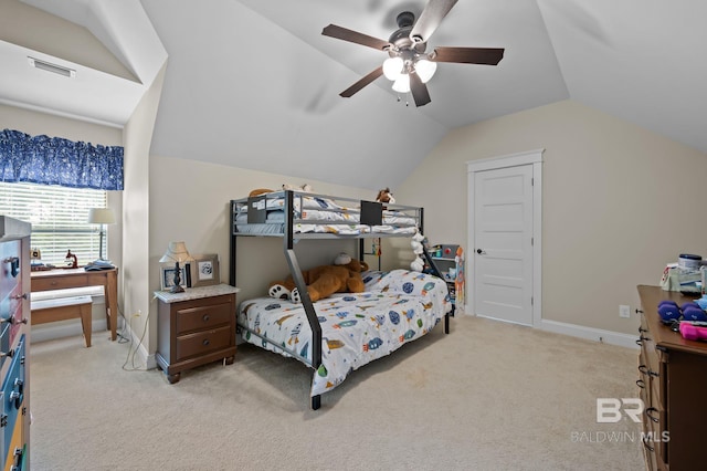 32035 Bobwhite Rd, Spanish Fort, AL 36527 - bedroom with lofted ceiling, light carpet, baseboards, and a ceiling fan
