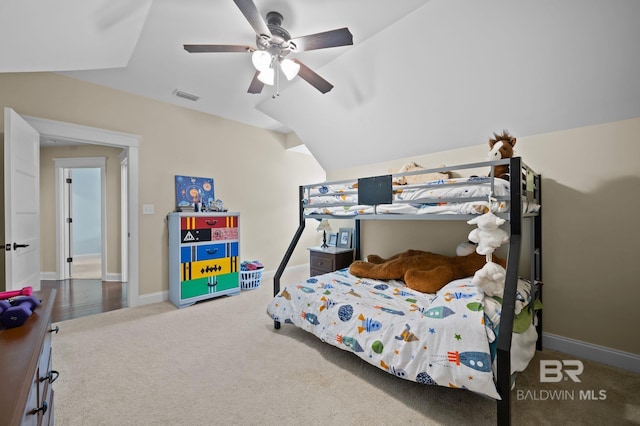 32035 Bobwhite Rd, Spanish Fort, AL 36527 - carpeted bedroom featuring baseboards, a ceiling fan, and vaulted ceiling
